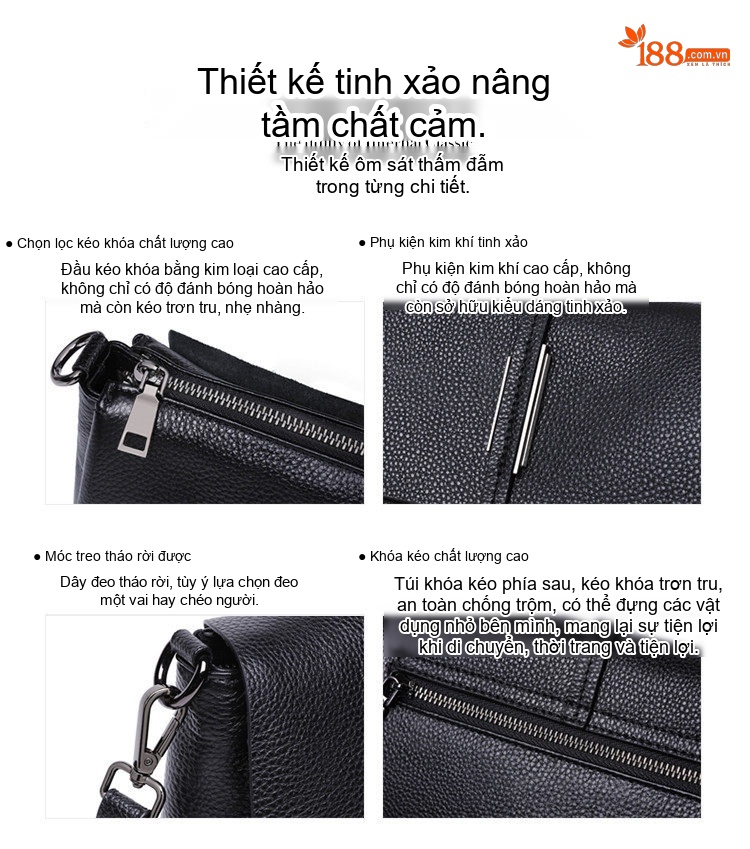 Túi Đeo Vai/Đeo Chéo Nữ Da Thật Kiểu Dáng Hobo Màu Đen chi tiết 14