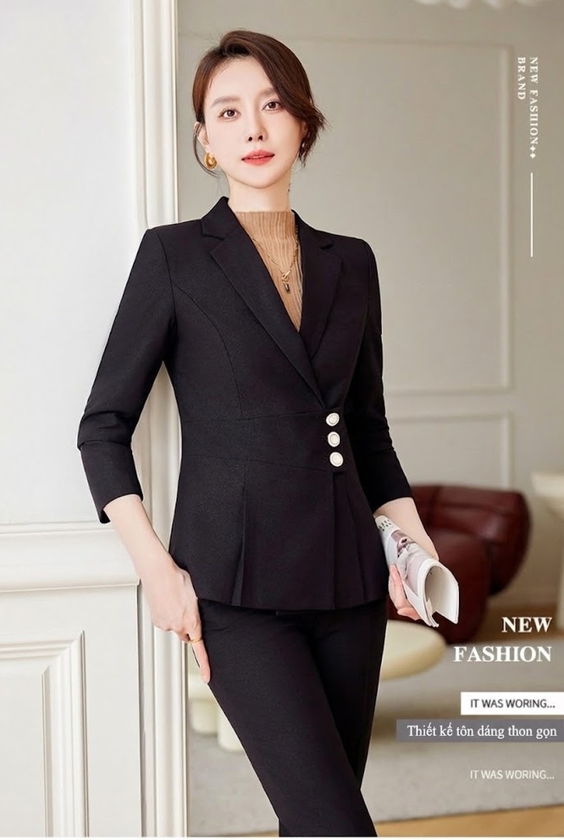 Bộ Vest Nữ Thiết Kế Thời Trang Thu Đông Dáng Ôm Công Sở Cao Cấp Màu Đen chi tiết 2