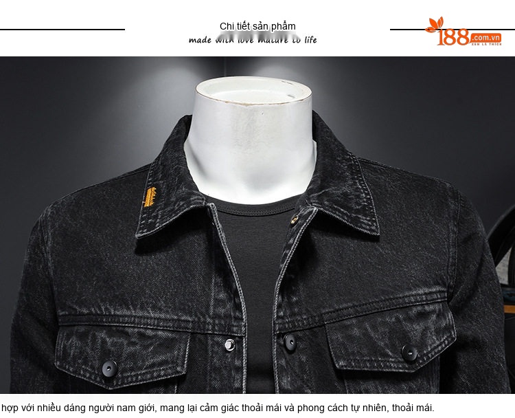 Áo Khoác Jeans Nam Cổ Bẻ Dáng Ôm Vừa Vải Denim Giặt Màu Đen chi tiết 7