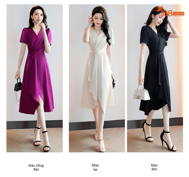 Váy liền thân Nữ Thiết Kế V-Neck Dáng Ôm Thanh Lịch Màu Trắng, Đen, Tím chi tiết 8