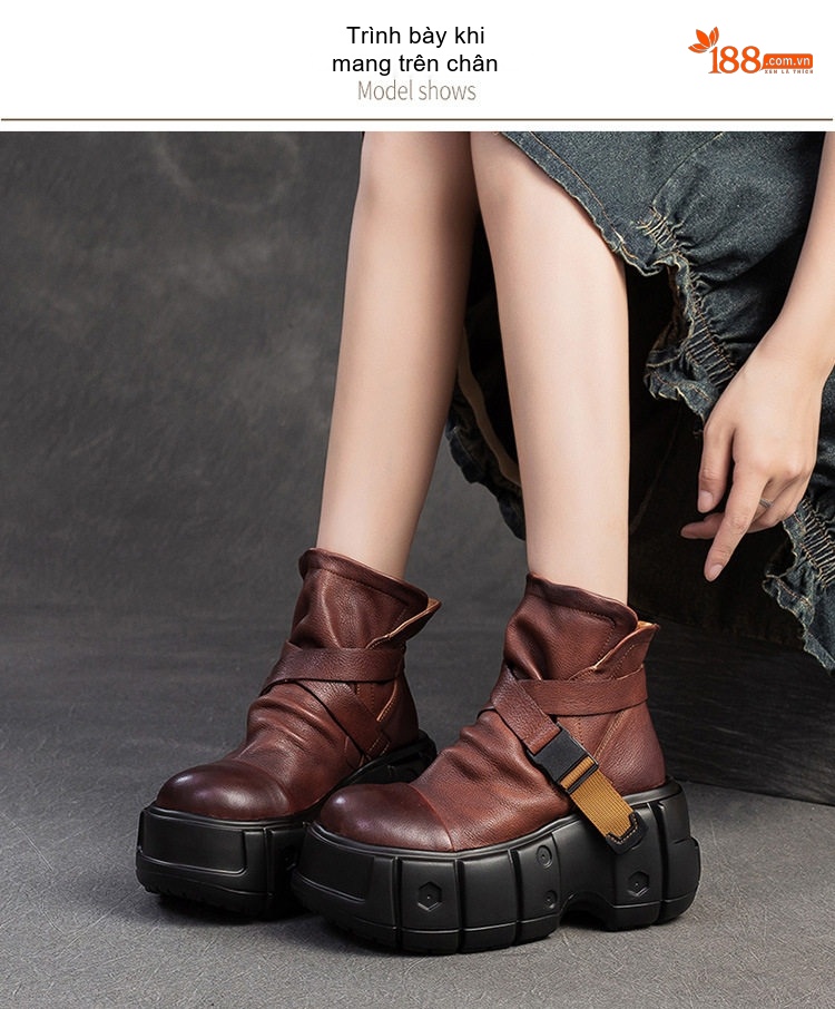 Boot Martin Nữ Da Bò Cổ Cao Đế Bánh Mì Chiều Cao Đế Khoảng 6cm Phong Cách Anh Quốc Màu Đen, Nâu chi tiết 7