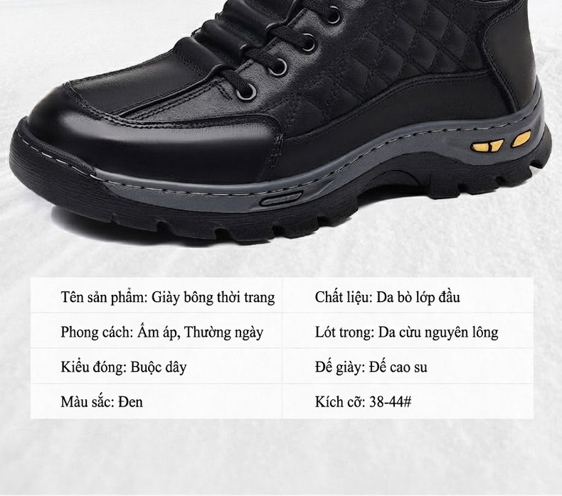 Giày Boot Nam Cao Cổ Lót Lông Cừu Giữ Ấm Chiều Cao Đế Khoảng 4cm Màu Đen chi tiết 12