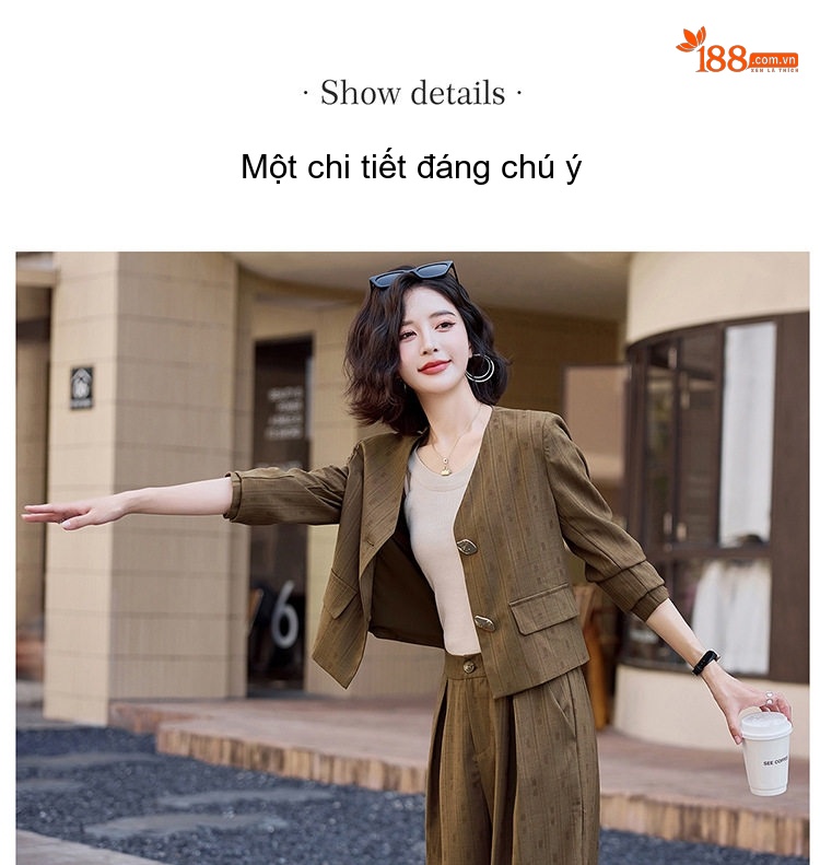 Set Bộ Tiểu Thư Áo Khoác Quần Ống Rộng Dáng Suông Kẻ Sọc Màu Xám, Nâu chi tiết 6