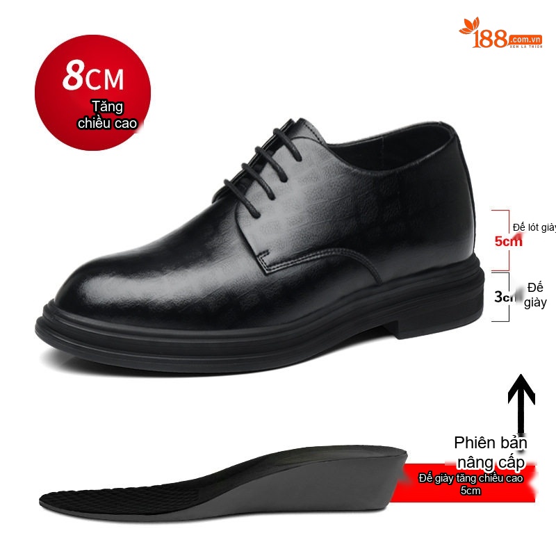 Giày Tây Buộc Dây Nam Da Bò Chiều Cao Đế 8cm Thoáng Khí Màu Đen