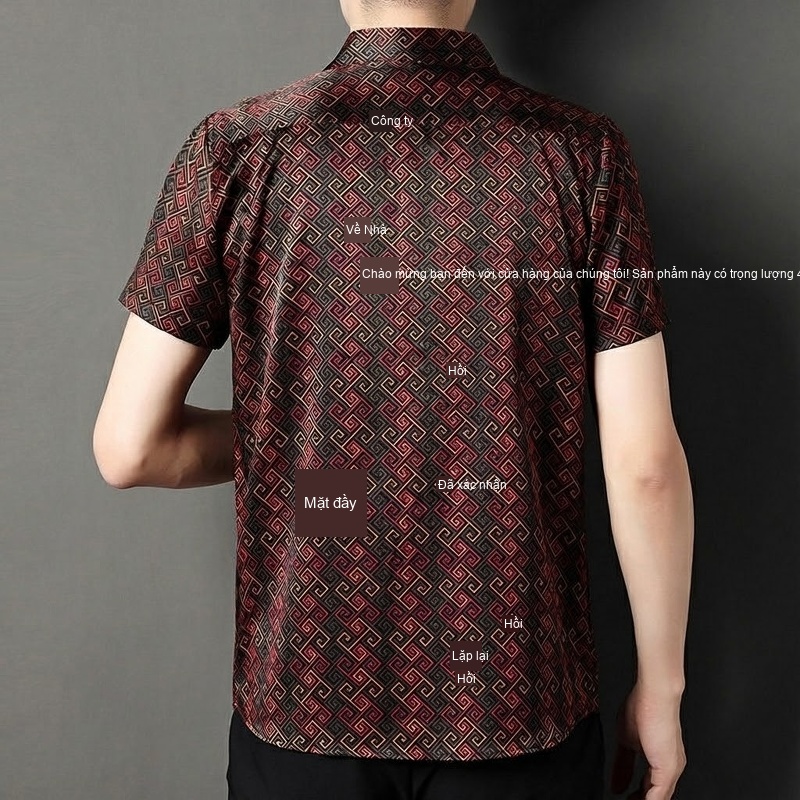 Áo Sơ Mi Nam Tay Ngắn Lụa Tằm Cao Cấp Họa Tiết In Nổi Chống Nhăn Màu Đỏ Đen