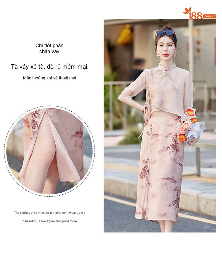 Set Áo Kiểu Cổ Tàu Tay Lỡ và Chân Váy Dài Xẻ Tà Họa Tiết Phong Cách Trung Hoa Màu Kem chi tiết 5