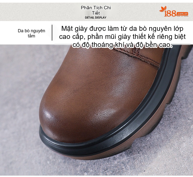 Boot Nữ Da Bò Cổ Cao Phong Cách Anh Quốc Chiều Cao Đế Khoảng 5cm Màu Nâu, Đen chi tiết 6