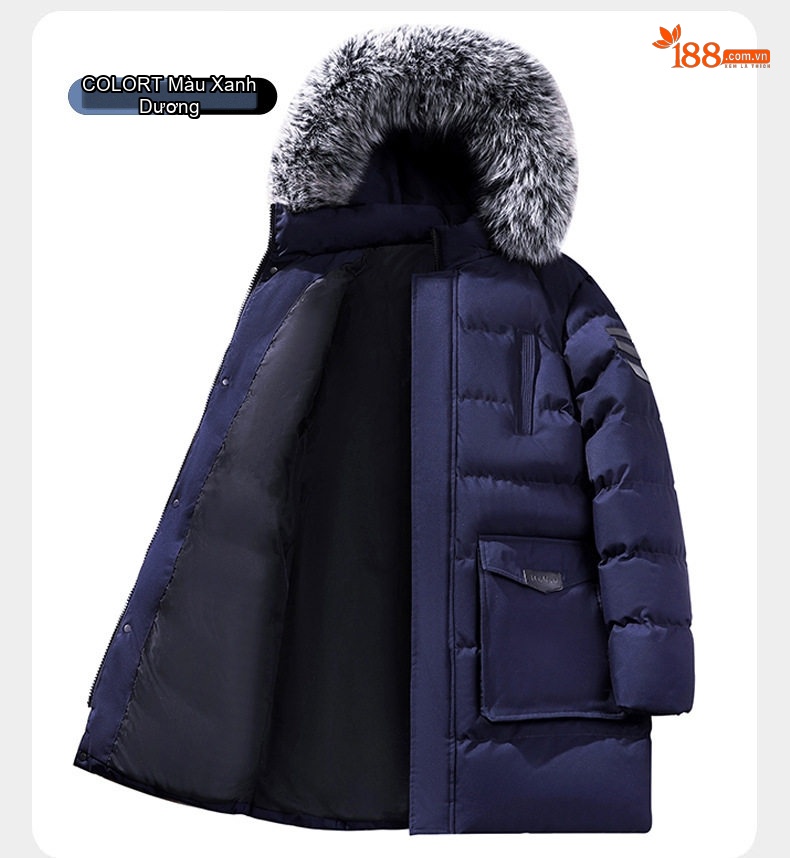 Áo Khoác Cotton Nam Dáng Dài Cỡ Lớn Có Mũ Trùm Đầu Lông To Dày Dặn Màu Đen, Xanh Navy, Xanh Rêu chi tiết 13