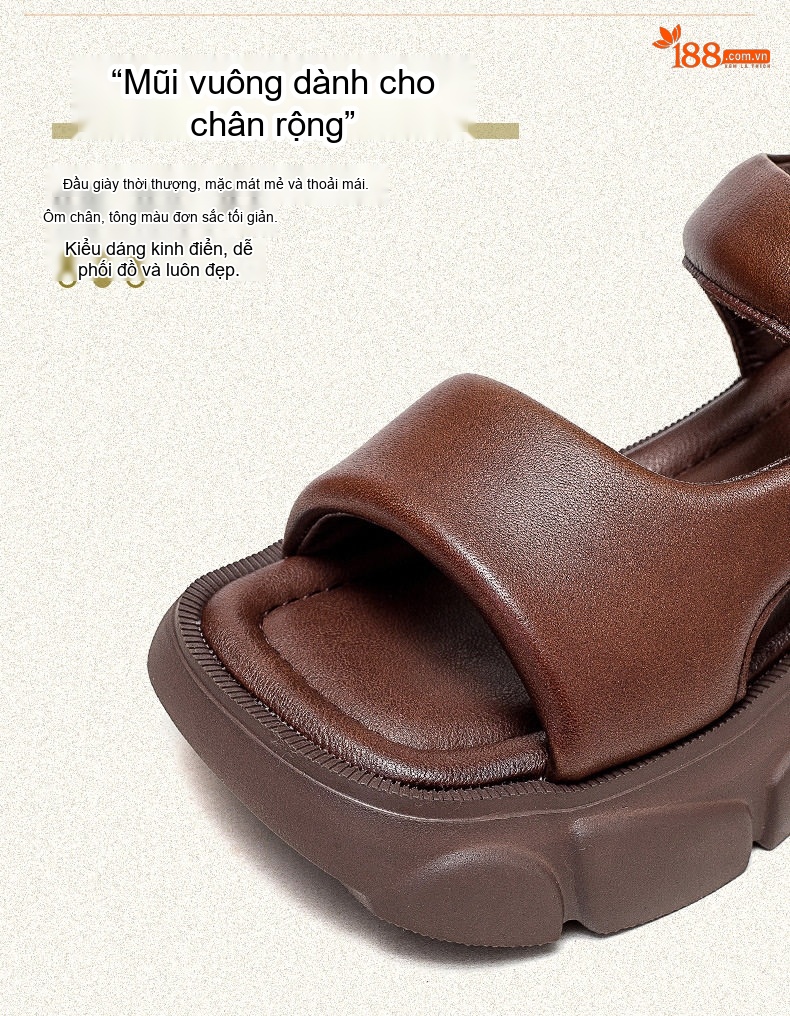 Giày Sandal Cao Gót Nữ Hở Ngón Da Bò Quai Hậu Đế Bệt Gót Cao 7cm - 8cm Màu Đen, Nâu chi tiết 4