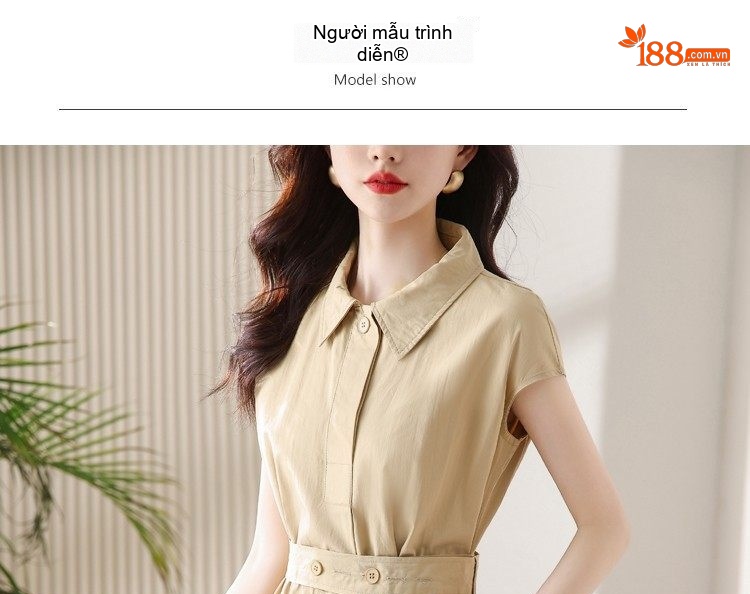 Váy Sơ Mi Polo Tay Ngắn dáng chữ A Nữ Tính Thắt Eo Màu Hồng, Xanh Navy, Vàng Be, Xanh Dương chi tiết 6