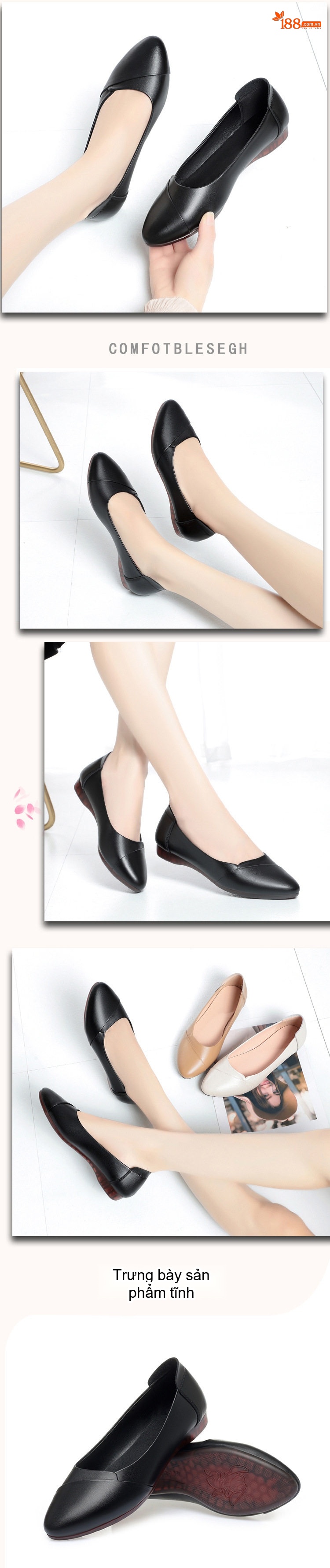 Giày Búp Bê Nữ Da Thật Mềm Mại Chiều Cao Đế Khoảng 2cm Màu Kem, Nâu, Đen chi tiết 11