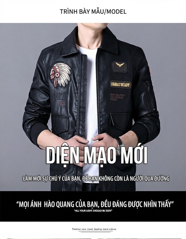 Áo Khoác Bomber Nam Da PU Thêu Hình Phong Cách Hàn Quốc Màu Đen chi tiết 4