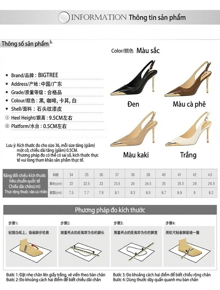 Giày Cao Gót Nữ Mũi Nhọn Hở Gót Quai Hậu Da Bóng Chiều Cao Đế Khoảng 8cm Màu Đen, Nude, Trắng, Nâu... chi tiết 1