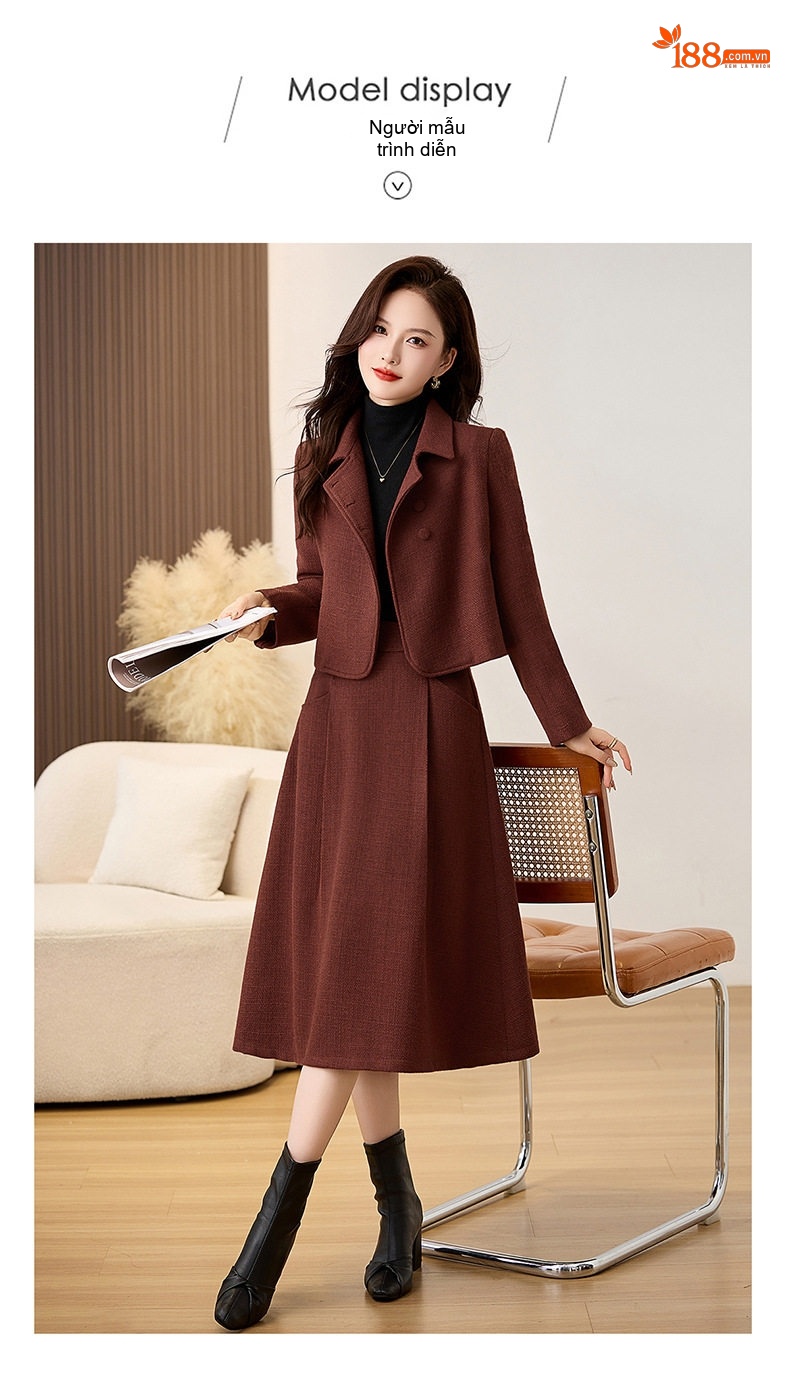 Set Áo Khoác Lửng Tay Dài Vải Flanel Chần Bông Và Chân Váy Midi Phong Cách Tiểu Thư Màu Nâu Đỏ, Xanh Rêu chi tiết 13