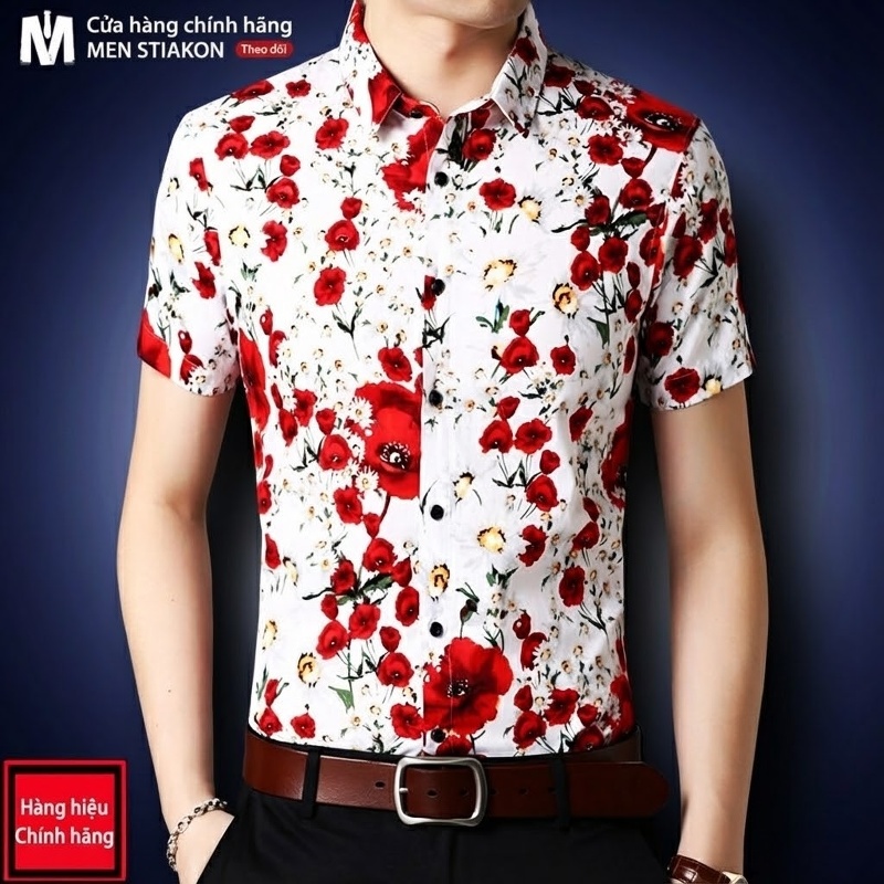 Áo Sơ Mi Tay Ngắn Nam Cotton Họa Tiết Hoa Lá Phong Cách Trung Niên Màu Đỏ, Trắng, Đen, Xanh Navy...