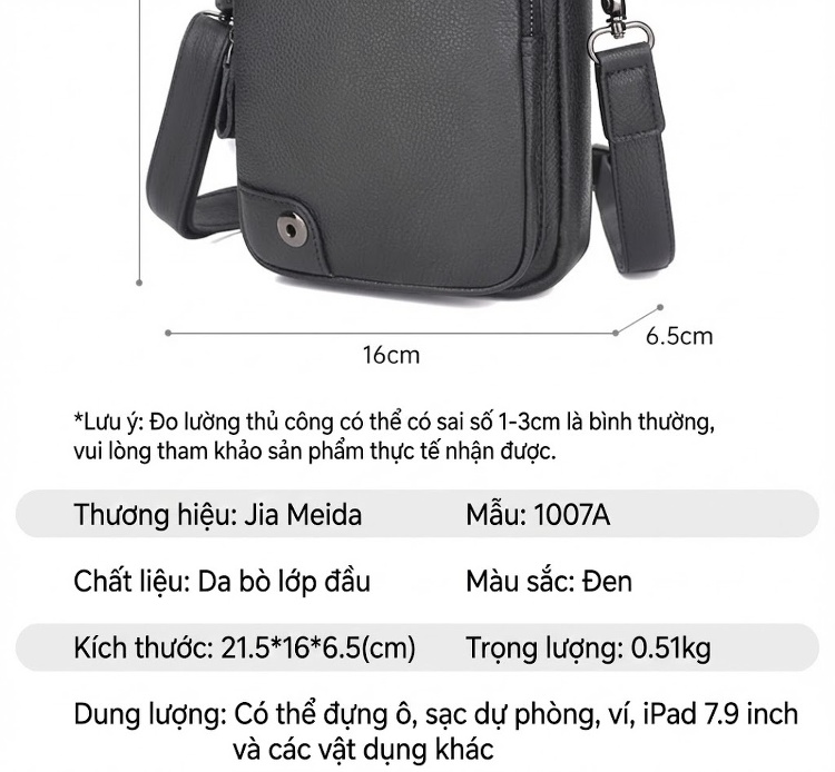 Túi Đeo Chéo Nam Da Thật Phong Cách Hàn Quốc Màu Đen chi tiết 11
