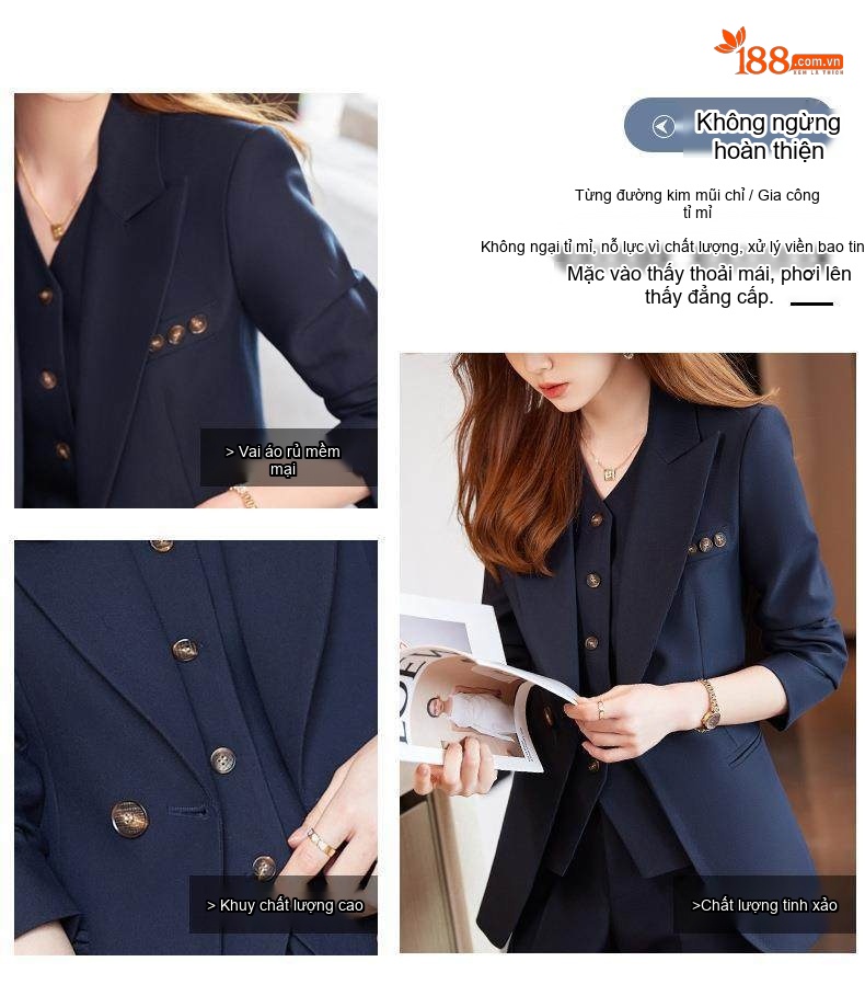 Bộ Vest Công Sở Nữ 3 Món Áo Khoác, Áo Gile, Quần Dài Màu Hồng, Kem, Xanh Navy chi tiết 7