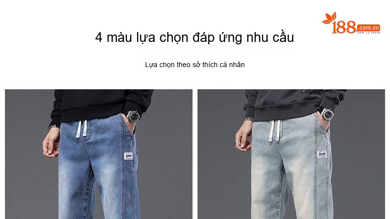 Quần Jean Nam Dáng Rộng Ống Suông Lưng Thun Co Giãn Phong Cách Retro Màu Xanh Dương, Xám Đen chi tiết 3