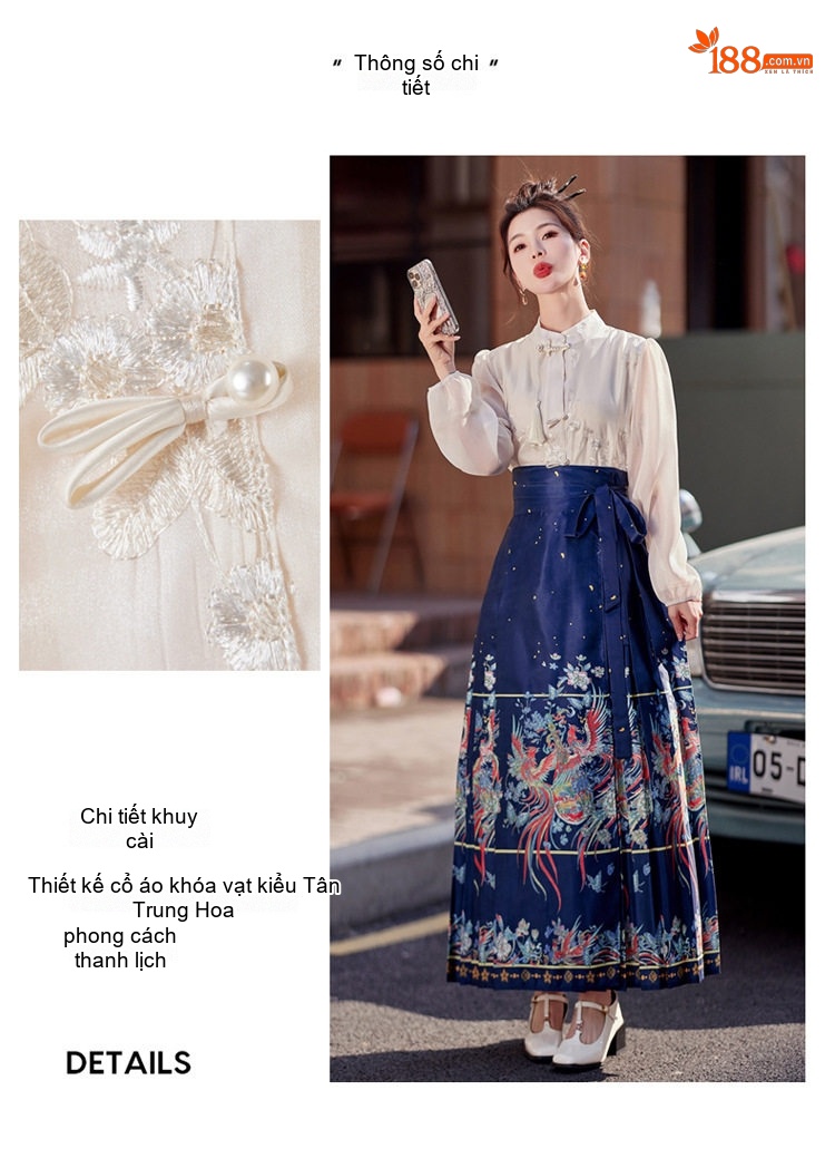 Set Áo Thêu Hoa Cổ Tàu Tay Lỡ và Chân Váy Mã Diện In Họa Tiết Phong Cách Trung Hoa chi tiết 9
