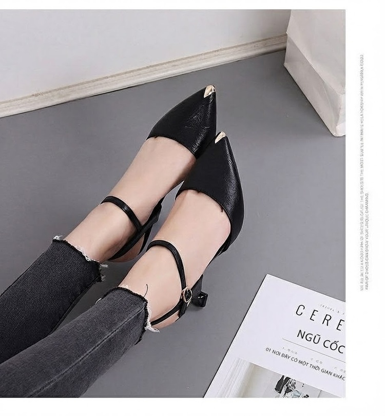 Giày Sandal Cao Gót Nữ Da Bóng Quai Hậu Gót Cao 7cm - 8cm Màu Đen, Kem chi tiết 20