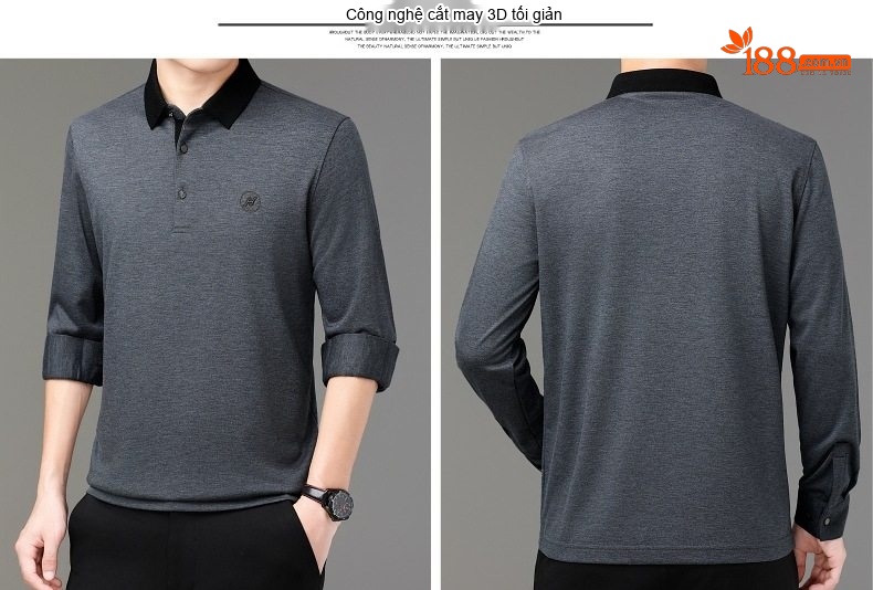 Áo Thun Polo Nam Tay Dài Cashmere Cổ Bẻ Phong Cách Doanh Nhân Màu Đen, Xám, Xanh Navy chi tiết 14