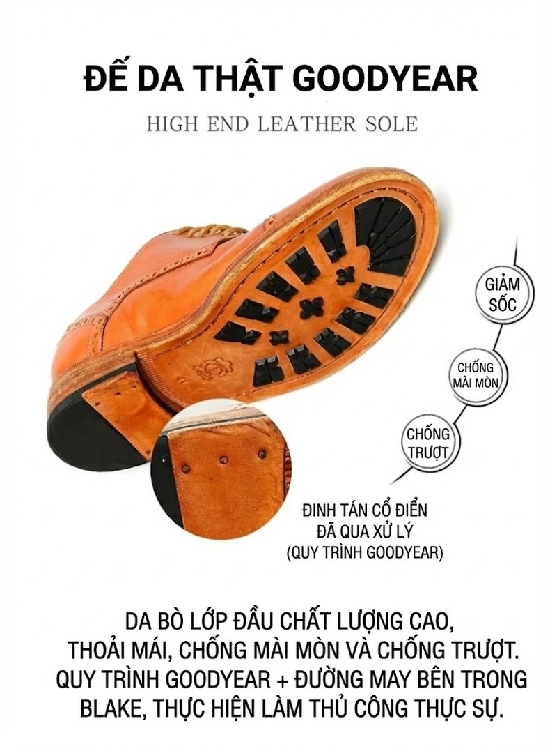 Giày Tây Buộc Dây Nam Da Thật Thủ Công Goodyear Chiều Cao Đế Khoảng 3cm Màu Nâu chi tiết 5