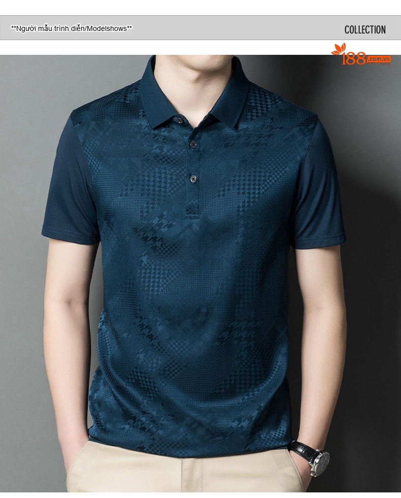 Áo Polo Nam Tay Ngắn Lụa Tơ Tằm Mỏng Nhẹ Họa Tiết Chìm Màu Trắng, Xanh, Đen chi tiết 14
