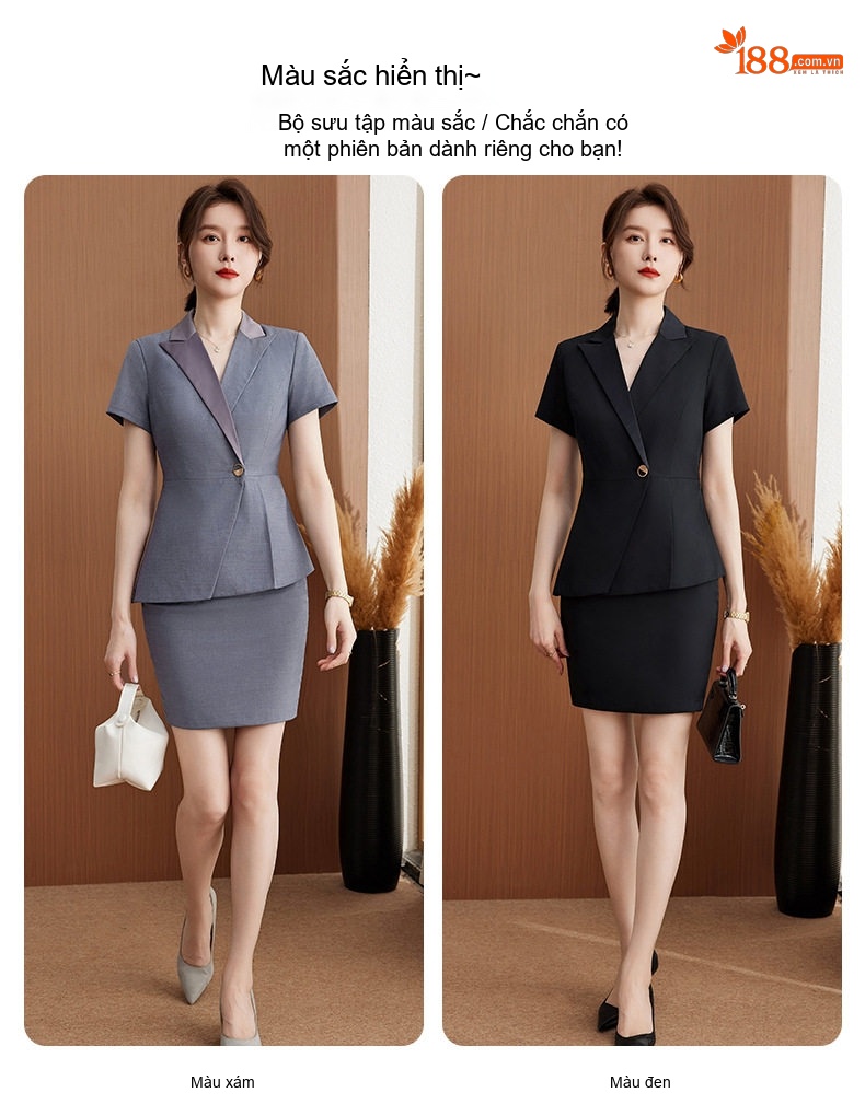 Bộ Vest Công Sở Nữ Tay Ngắn Quần/Chân Váy Màu Xanh Navy, Xám, Đen chi tiết 7