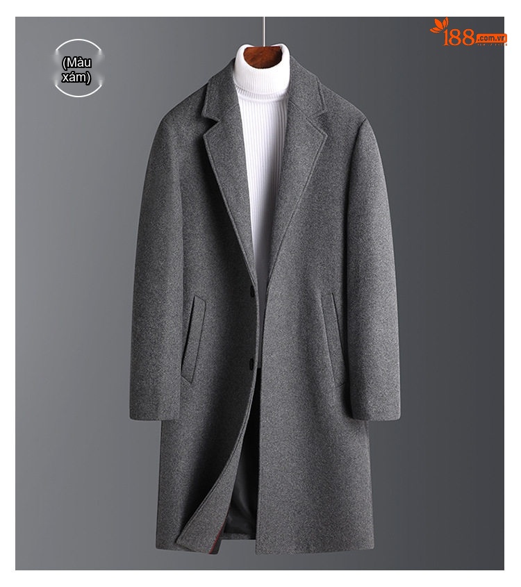 Áo Khoác Dạ Nam Dáng Dài Vừa Cổ chữ Vest Lót Lông Dày Dặn Màu Đen, Xanh Navy, Xám, Đỏ Rượu Vang chi tiết 7