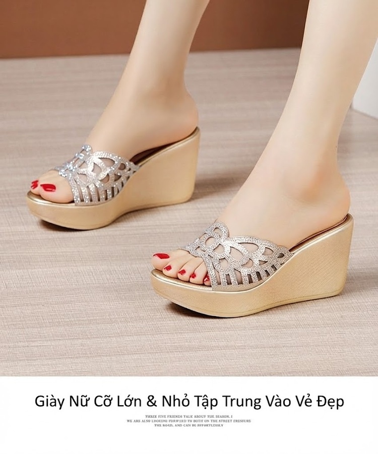 Dép Lê Nữ Đế Xuồng Quai Trong Suốt Đính Đá Chiều Cao Đế Khoảng 6cm Màu Bạc, Đen chi tiết 11