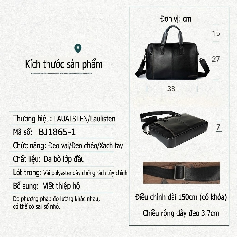 Cặp Túi Xách Công Sở Nam Da Bò Lớp Đầu Đựng Laptop, Túi Đeo Chéo Đựng Tài Liệu Màu Đen chi tiết 11