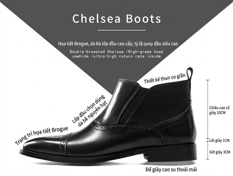 Chelsea Boots Nam Da Bò Cao Cổ Họa Tiết Chiều Cao Đế Khoảng 3cm Màu Đen, Nâu chi tiết 2