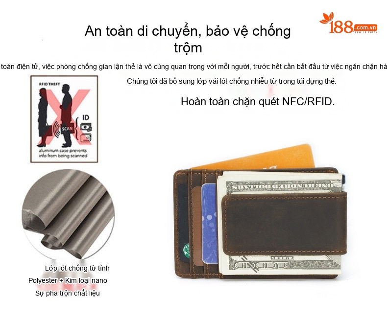 Ví Da Bò Ngắn RFID Chống Trộm Có Kẹp Tiền Màu Nâu, Đen chi tiết 2