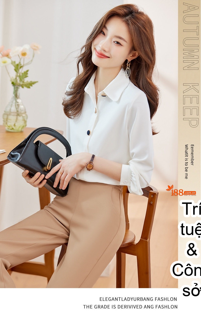 Áo Sơ Mi Nữ Tay Dài Cổ chữ V Trắng Thiết Kế Thanh Lịch chi tiết 2