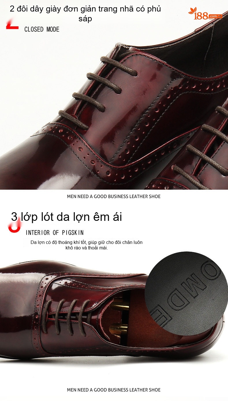 Giày Tây Buộc Dây Nam Da Bóng Chiều Cao Đế Khoảng 3cm Màu Đen, Đỏ Rượu Vang chi tiết 4