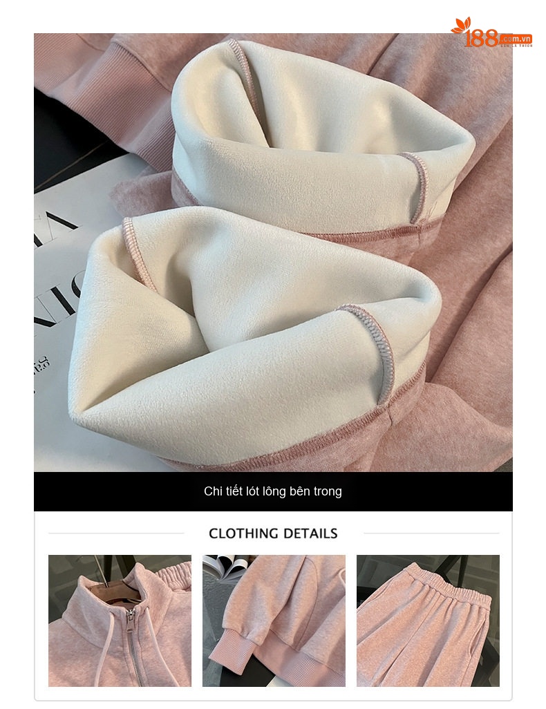 Bộ Đồ Nữ Áo Khoác Quần Dài Lót Lông Dáng Rộng Phong Cách Ulzzang Màu Kem, Hồng chi tiết 7