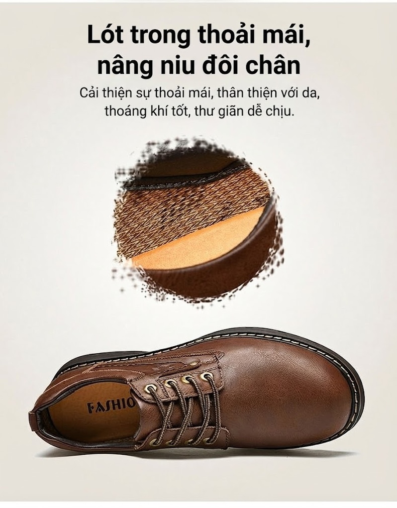 Giày da bò outdoor công sở buộc dây đế cao 3 cm chi tiết 6