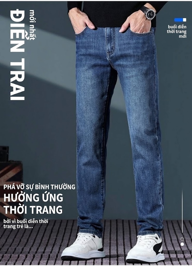 Quần Jean Nam Ống Đứng Co Giãn Dáng Ôm Cao Cấp Màu Xanh Đen chi tiết 1