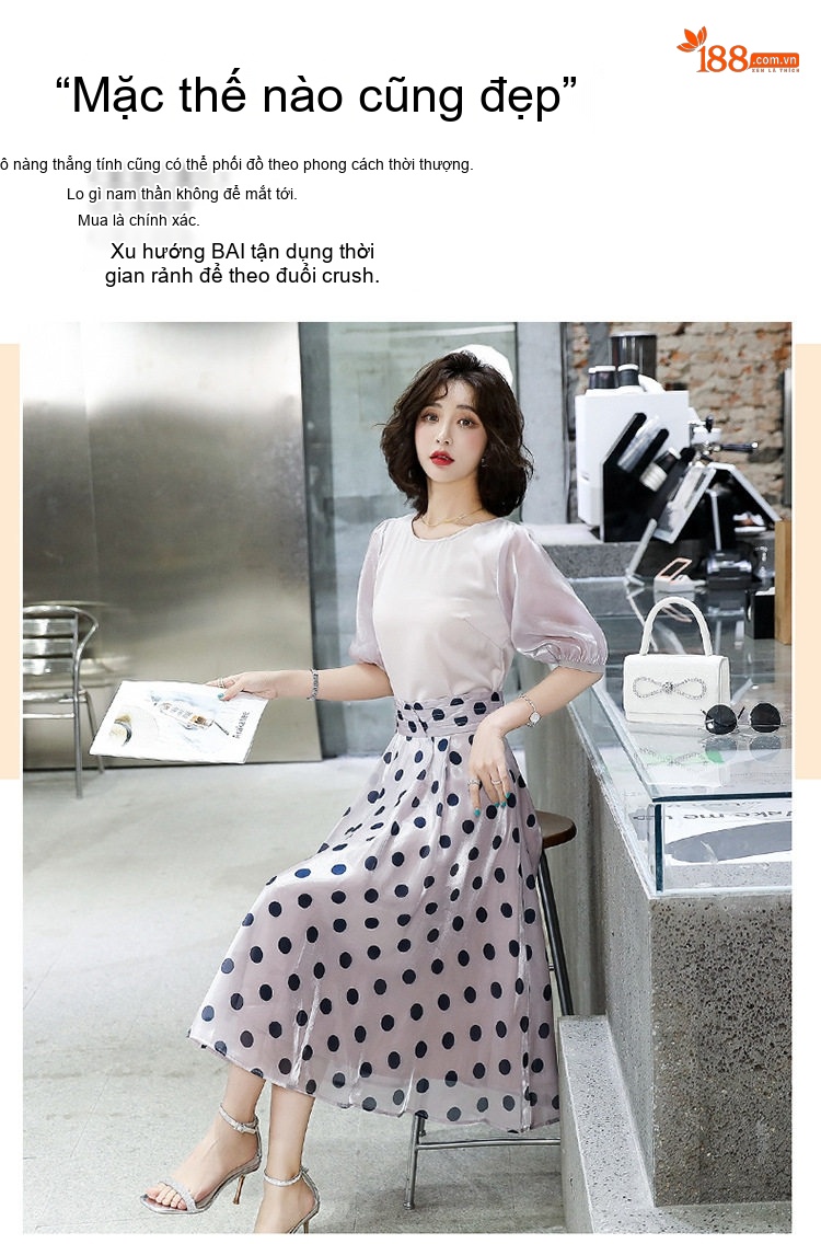 Set Bộ Áo Sơ Mi Tay Phồng Quần/Chân Váy Midi Họa Tiết Chấm Bi Phong Cách Hàn Quốc Màu Hồng, Đen chi tiết 6