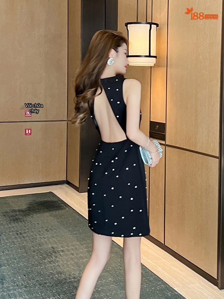 Váy Tiểu Thư Nữ Hở Lưng Đính Đá Phong Cách Pháp Dự Tiệc Màu Đen