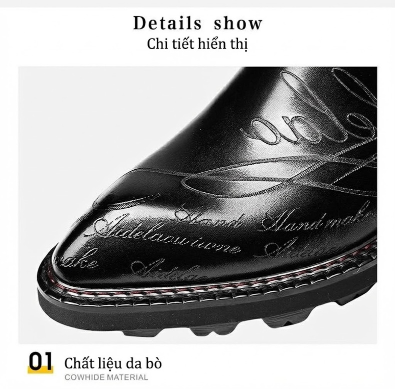Boot Chelsea Nam Da Bò Mũi Nhọn Khắc Hoa Chiều Cao Đế Khoảng 4cm Màu Đen, Nâu chi tiết 15