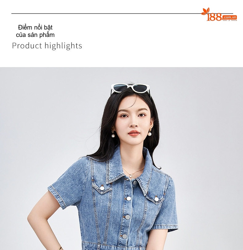 Váy Đầm Jean Nữ dáng chữ A Cổ Bẻ Tay Ngắn Phong Cách Thời Trang Trẻ Trung Màu Xanh Denim chi tiết 5