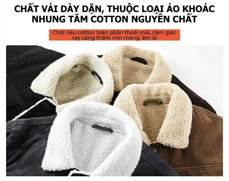 Áo Khoác Nam Nhung Gân Lót Lông Cừu Dày Dặn Cổ Bẻ Màu Nâu, Đen chi tiết 3