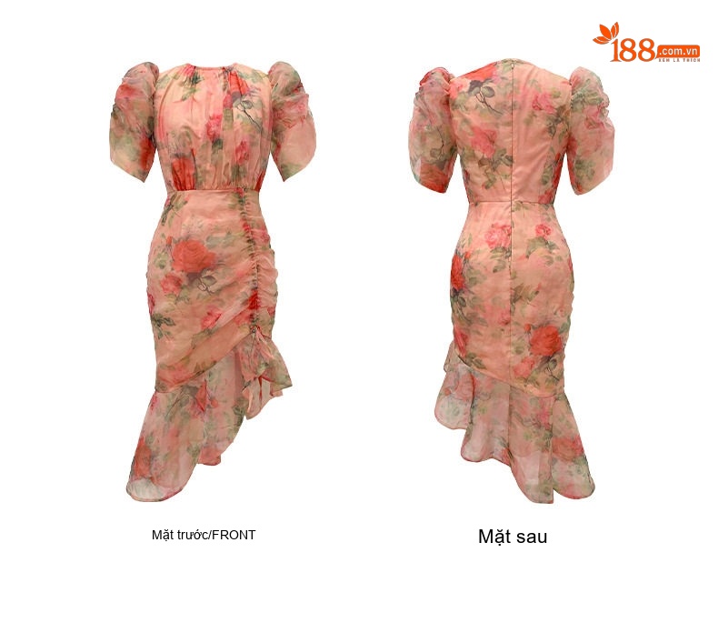 Váy liền thân Nữ Cổ Tròn Tay Bồng Họa Tiết Hoa Xòe Pháp Cổ Điển Màu Hồng, Trắng, Đỏ chi tiết 5