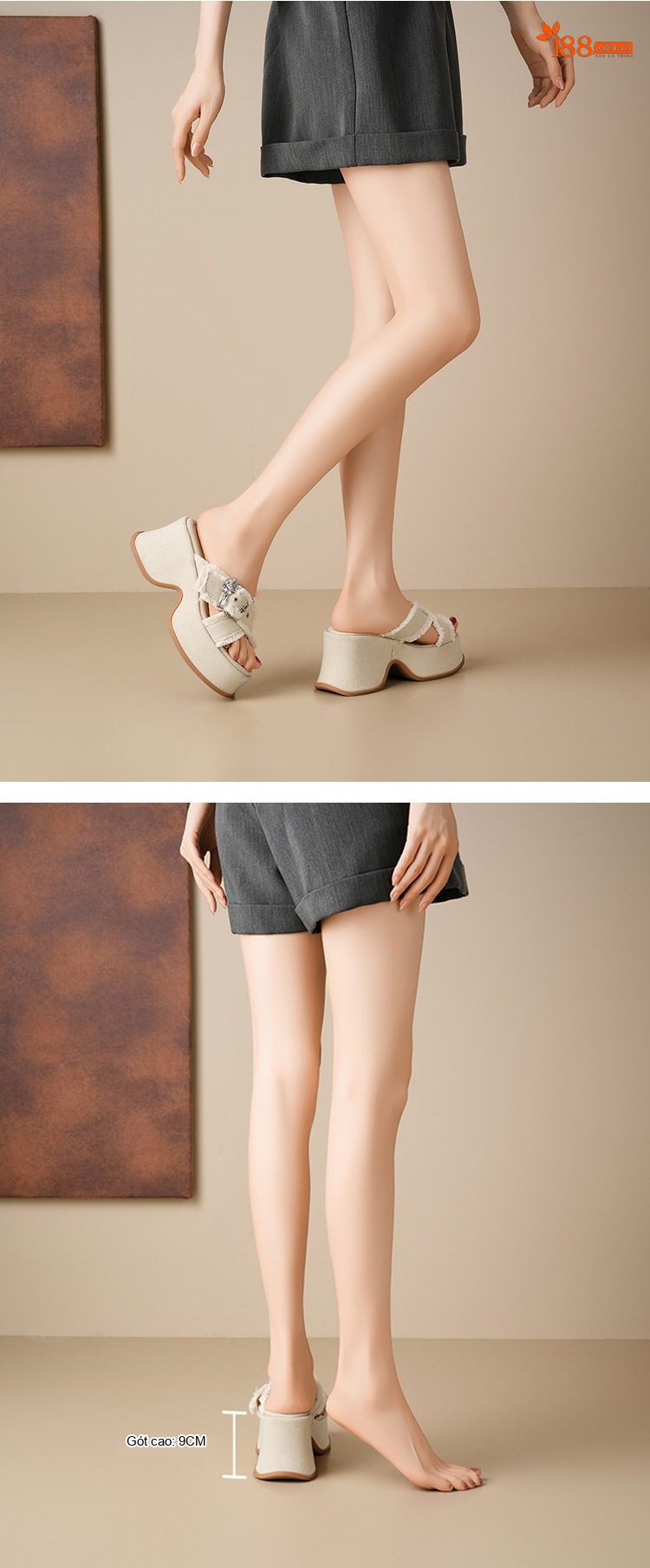 Dép Sục Nữ Vải Denim Đế Xuồng Cao 9cm Quai Ngang Màu Xanh, Trắng chi tiết 3