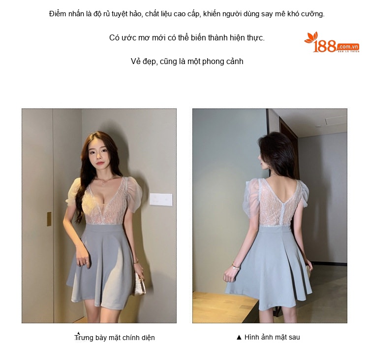 Váy Ngắn Chữ A Cổ Chữ V Tay Bồng Lưới Xuyên Thấu Màu Xám, Trắng chi tiết 3