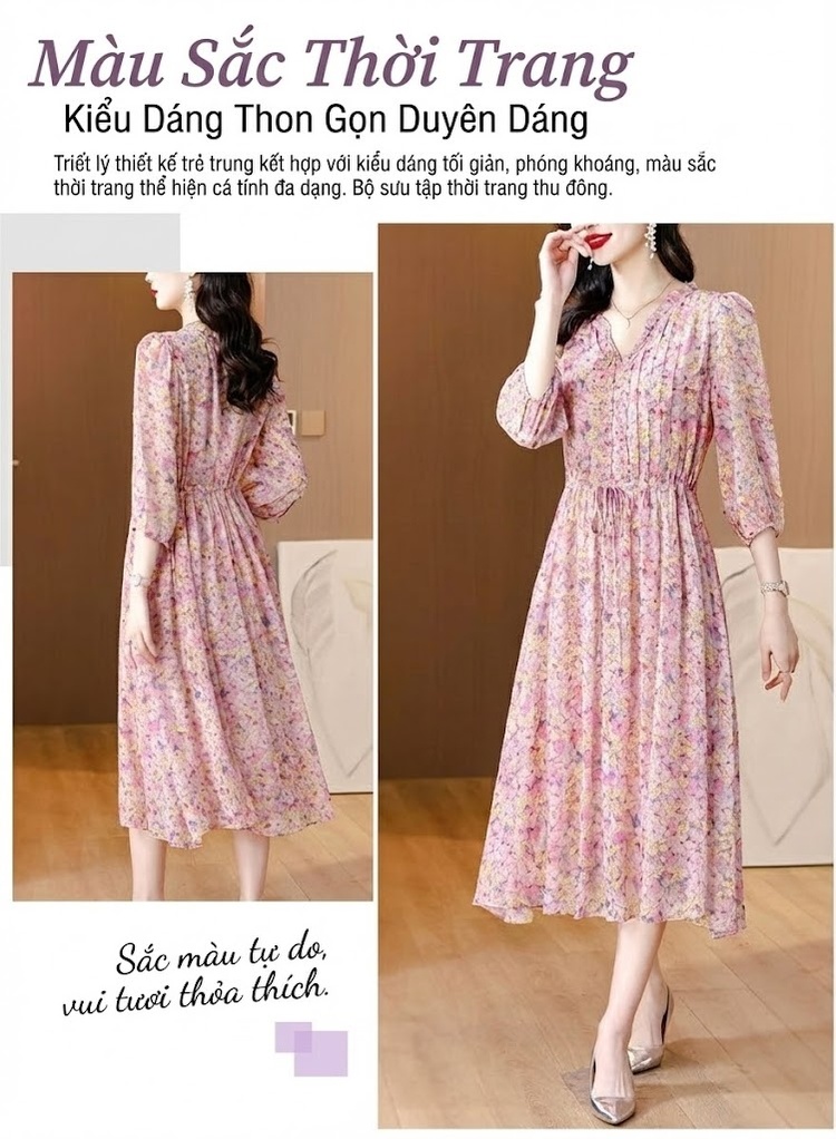 Váy liền thân Nữ Lụa Tằm Tơ Họa Tiết Hoa Nhỏ dáng chữ A Chiết Ly Eo Thon chi tiết 7