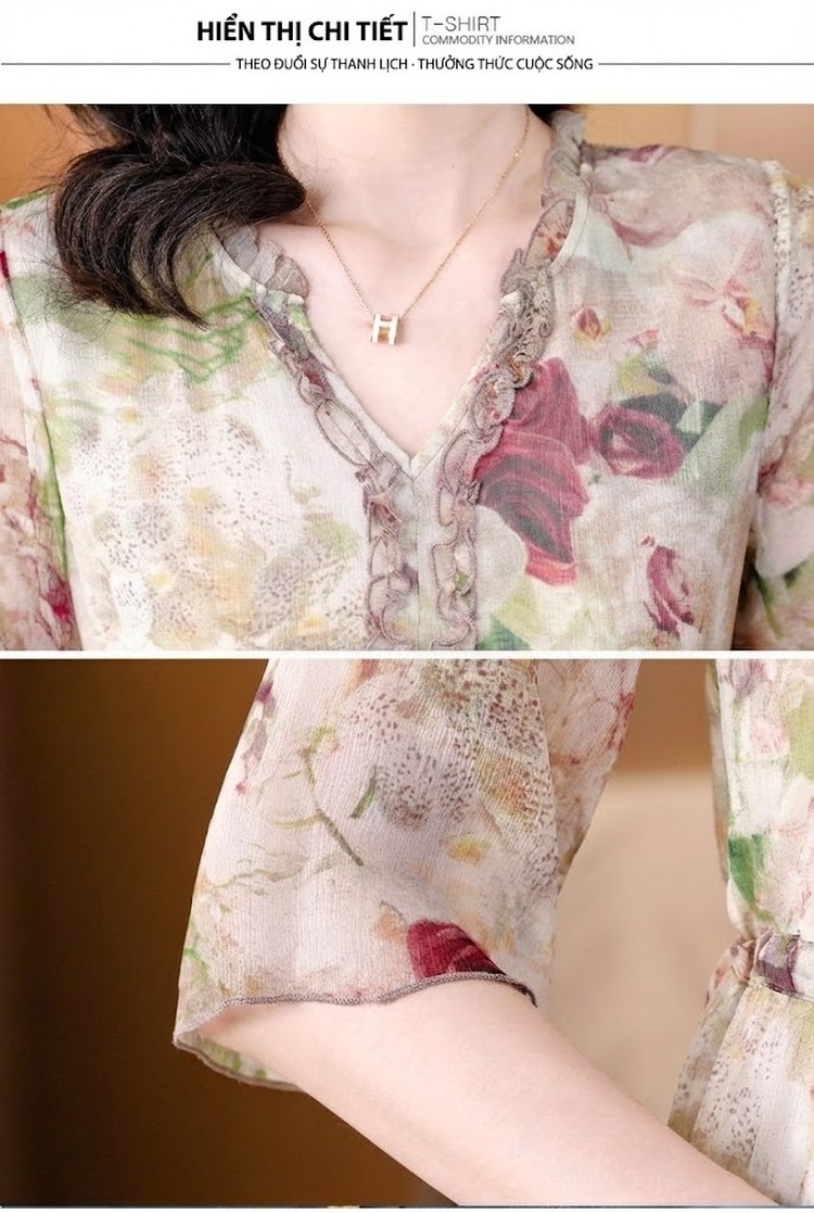 Váy Lụa Tằm Ý Họa Tiết Hoa Nhí Dáng Chữ A Thắt Eo Thanh Lịch chi tiết 15