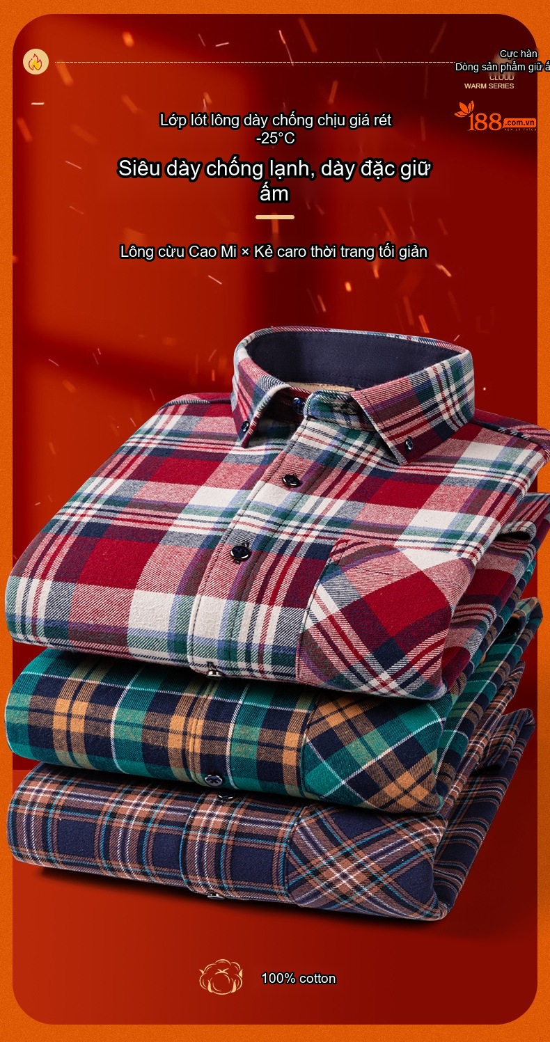Áo Sơ Mi Nam Ca Rô Lông Cừu Non Cotton Dày Dặn Giữ Ấm Màu Đen, Đỏ, Xanh Dương, Xanh Lá... chi tiết 1