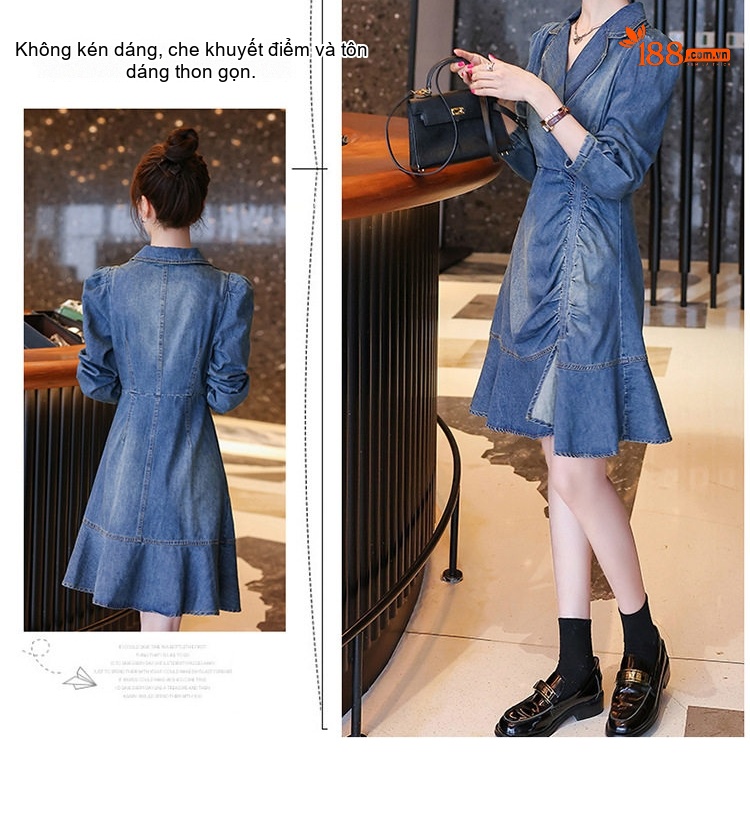 Váy Jean Dài Tay Nữ Dáng Ôm Eo Thiết Kế Xếp Ly Hàn Quốc Màu Xanh Jean chi tiết 11